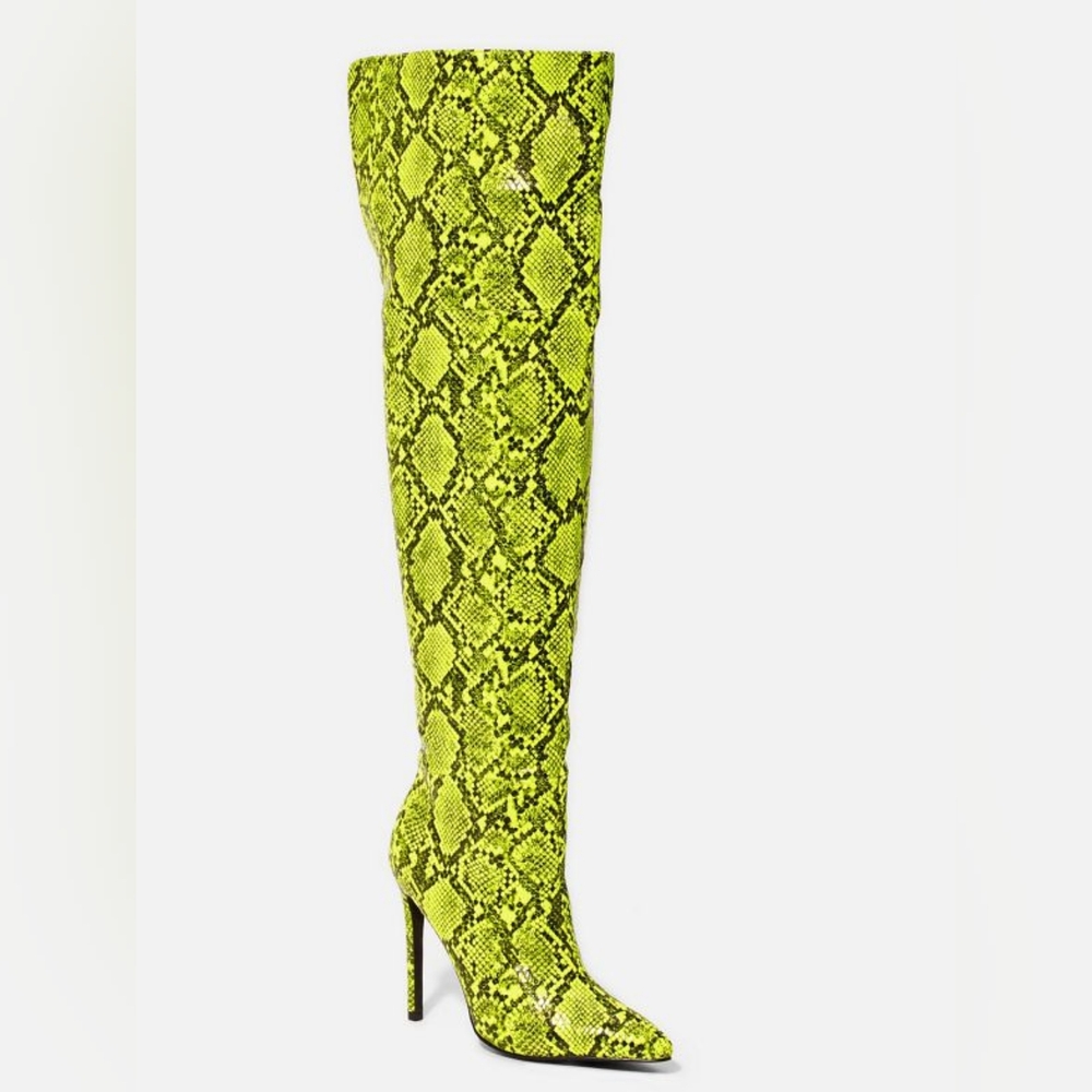 Thigh high snake skin bright green boots